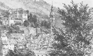 Blick auf ein Schloss und Ortschaft Baden Baden Kunstdruck