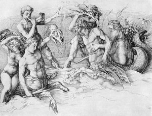 Kaempfende Seekentauren Kunstdruck