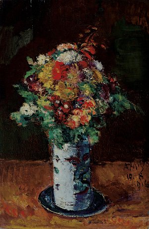 Blumenstrauß in Walzenkrug auf Teller Kunstdruck