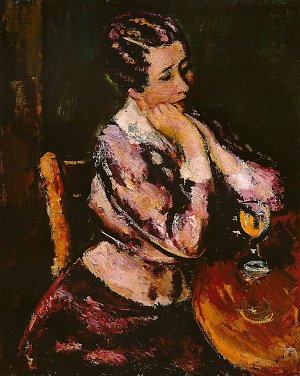 Gattin mit Weinglas am Tisch Kunstdruck