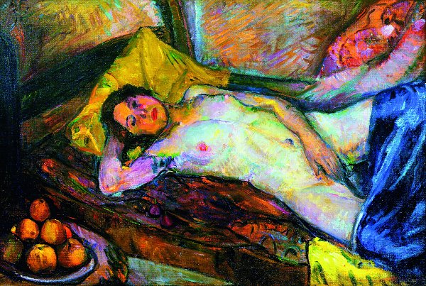 Liegender Frauenakt mit Apfelstillleben