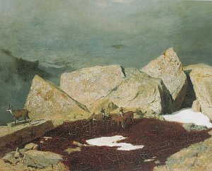 Hochgebirgslandschaft mit Gemsen Kunstdruck