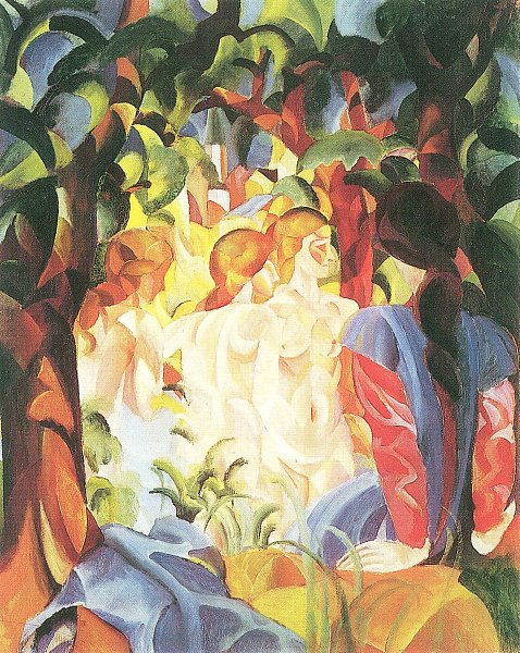 Badende Maedchen mit Stadt im Hintergrund