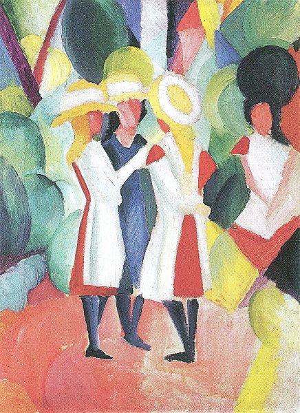 Drei Maedchen mit gelben Strohhueten