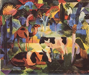 Landschaft mit Kuehen und Kamel Kunstdruck
