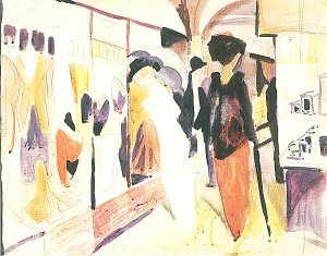 Modegeschaeft im Laubengang Kunstdruck