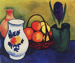 Weisser Krug mit Blumen und Fruechten Kunstdruck