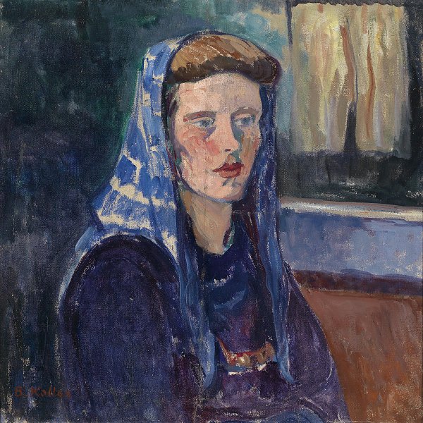 Frau mit blauem Kopftuch