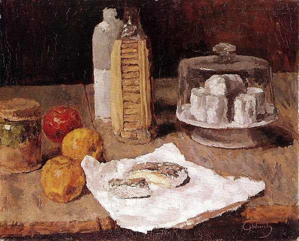 Flaschen Käse, Äpfel und ein Glas mit Eingemachten