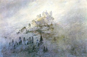 Morgennebel im Gebirge Kunstdruck