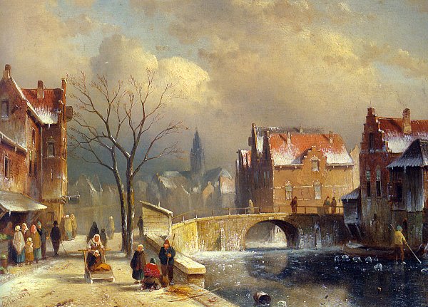 Dorfbewohner auf einer verschneiten Straße an einem Kanal