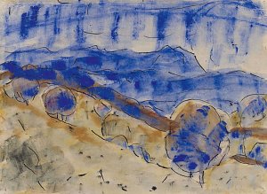 Blaue Landschaft mit Kugelbäumen Kunstdruck