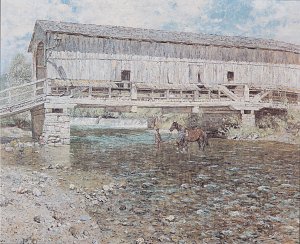Die gedeckte Ilmbrücke in Buchfart bei Weimar Kunstdruck