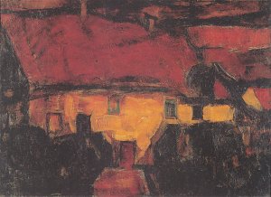 Gelbes Haus mit rotem Dach Kunstdruck