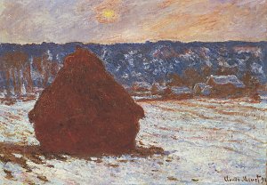 Heuschober Schnee bedeckter Himmel Kunstdruck