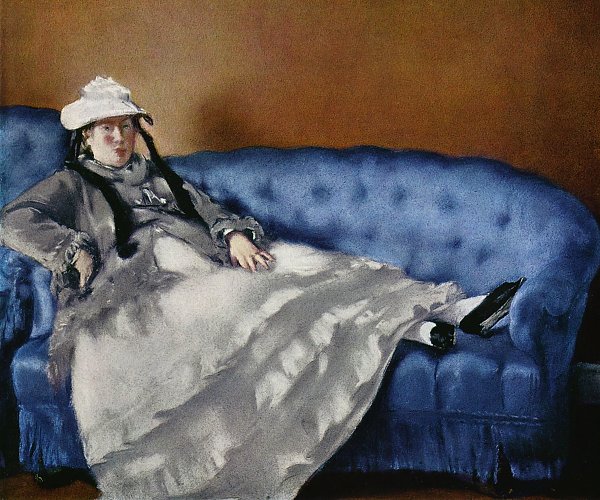 Portraet der Frau Manet auf blauem Sofa
