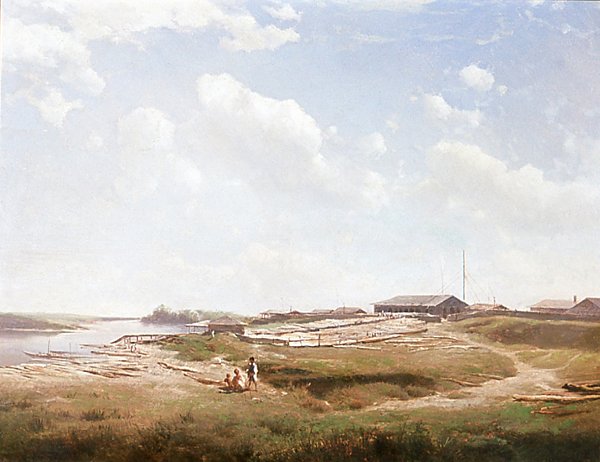 Donaulandschaft mit Holzlagerplatz