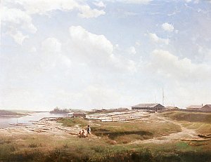 Donaulandschaft mit Holzlagerplatz Kunstdruck