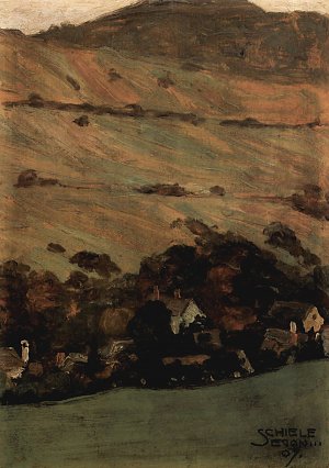 Haeuser vor Berghang Kunstdruck