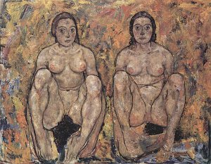 Hockendes Frauenpaar Kunstdruck