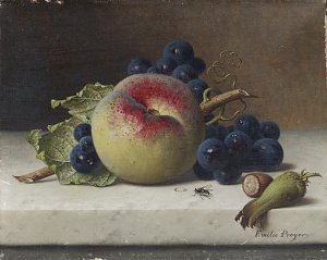 Stilleben mit Früchten und Nüssen auf einem Sims Kunstdruck