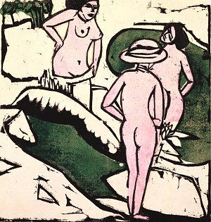 Badende Frauen zwischen weißen Steinen Kunstdruck