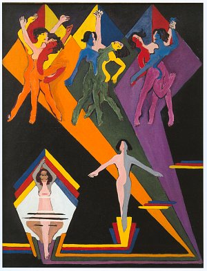 Tanzende Mädchen in farbigen Strahlen Kunstdruck