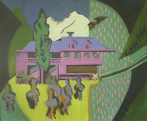 Violettes Haus vor Schneeberg Kunstdruck