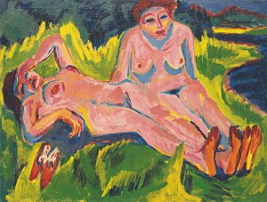 Zwei rosa Akte am See Kunstdruck