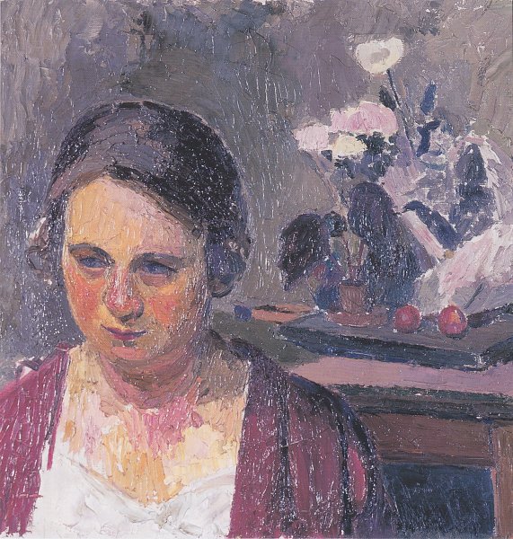 Frau des Künstlers mit Blumen