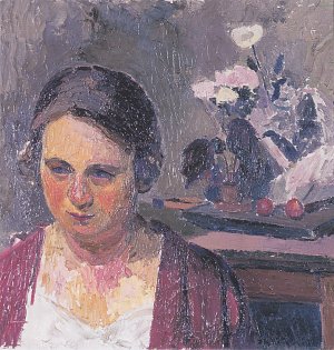 Frau des Künstlers mit Blumen Kunstdruck