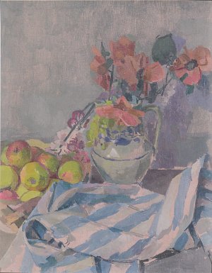 Stillleben mit Mohnblumen Äpfeln und Tuch Kunstdruck