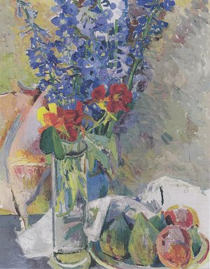 Stillleben mit Rittersporn und Früchten Kunstdruck
