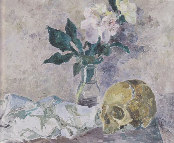 Stillleben mit Totenkopf und Pfingstrosen