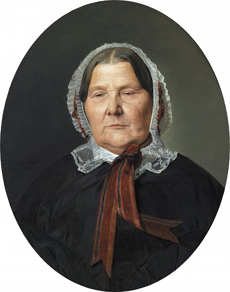 Alte Frau in schwarzem Kleid und weißer Rüschenhaube mit roten Bändern