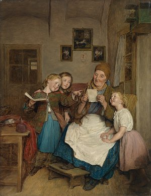 Großmutter mit drei Enkelkindern Kunstdruck