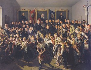 Kinder armer Eltern werden von der Gemeinde Spittelberg am Michaelitage mit Winterkleidern beteilt Kunstdruck