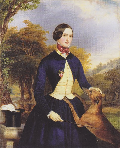 Porträt einer Frau als Amazone, mit ihren Windhund