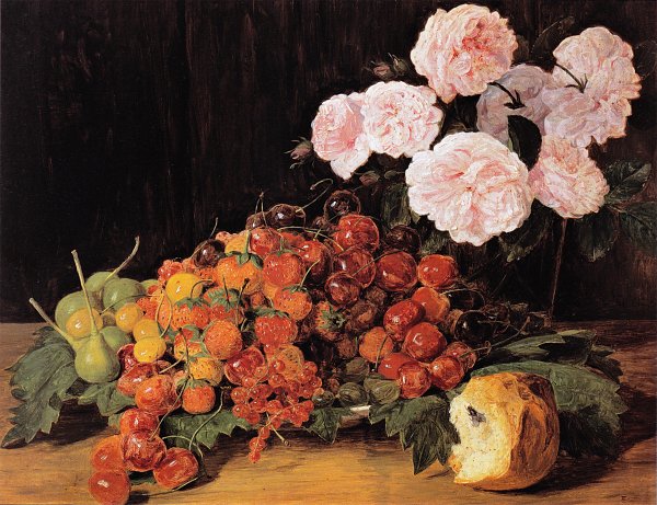 Stillleben mit Rosen Erdbeeren und Brot