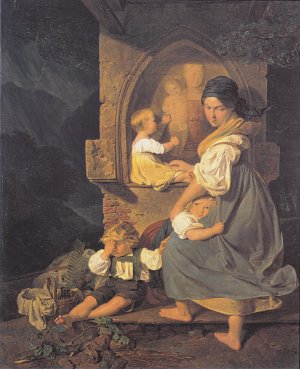 Zuflucht am Bildstock beim Nahen eines Gewitters Kunstdruck