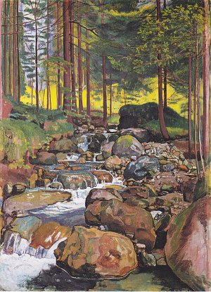 Wald mit Bergbach Kunstdruck
