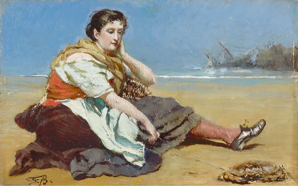 Fischermädchen am Strand sitzend