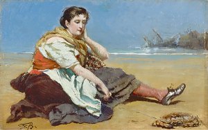 Fischermädchen am Strand sitzend Kunstdruck