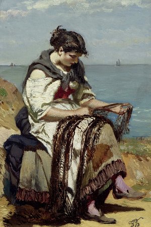 Sitzende Fischersfrau an einer Küste Kunstdruck