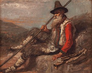 Sitzender alter Hirte mit Sackpfeife in den Alpen Kunstdruck