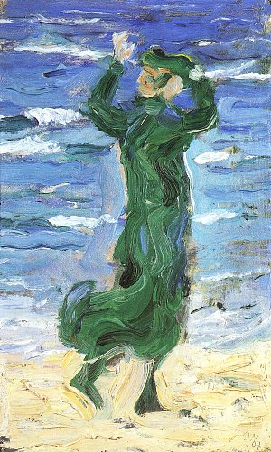 Die Frau im Wind am Meer Kunstdruck