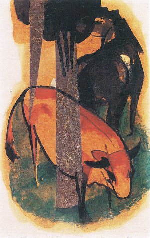 Rotes Pferd und gelbes Rind Kunstdruck