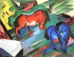 Rotes und blaues Pferd Kunstdruck
