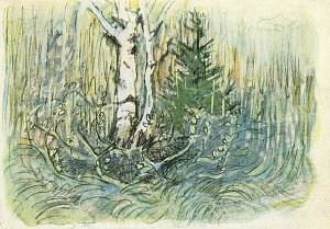 Tanne und Birke im Schilf Kunstdruck