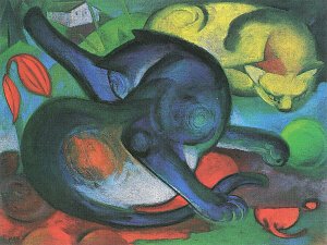 Zwei Katzen blau und gelb Kunstdruck
